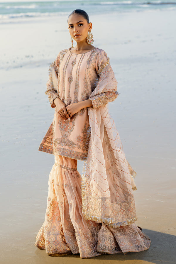 Naqshi Chandni peach‑beige organza shirt with deep jeweled tones, heavy hand‑adda embroidery and sequin‑naqshi motifs, paired with voluminous organza gharara and ornate dupatta.