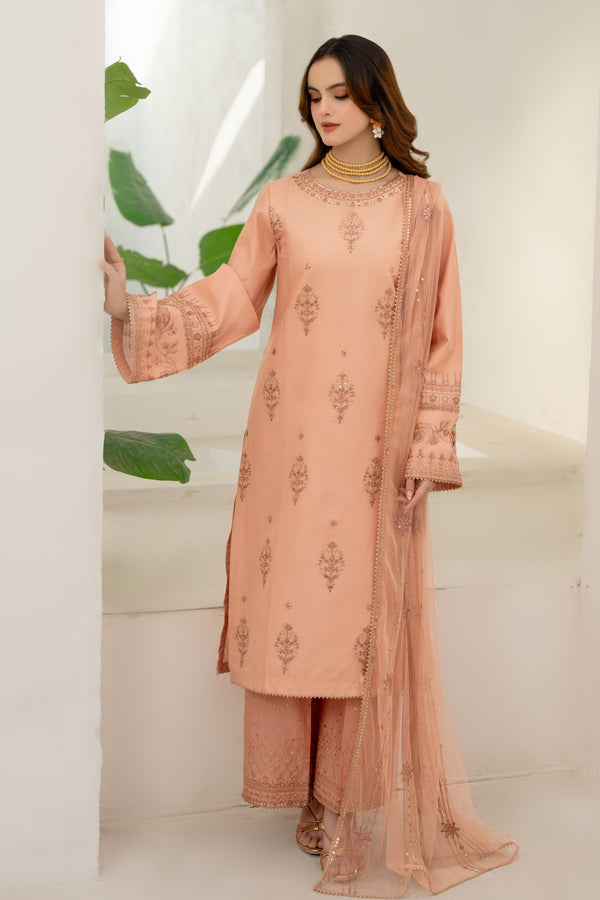 Front view of NAQSHI Sanam peach Pima lawn shirt with round embroidered neckline and lace-hem detail 