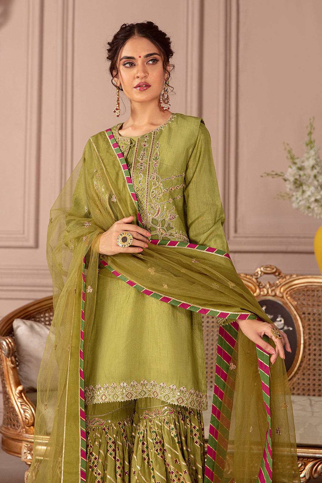 Front styling pose of Eva outfit showing fitted sleeves, embroidery details and neat shirt cut, formal ready made eastern wear.