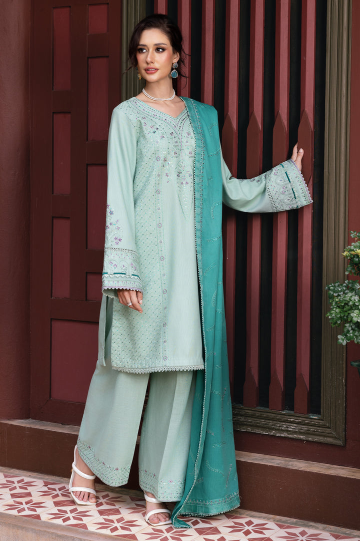 Woman in a light green traditional outfit with a matching dupatta against a red and brown background.