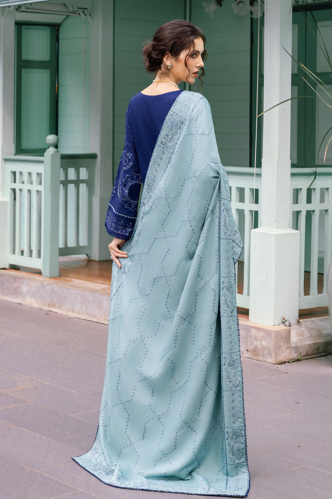Woman wearing a light blue saree with a dark blue blouse in front of a building.