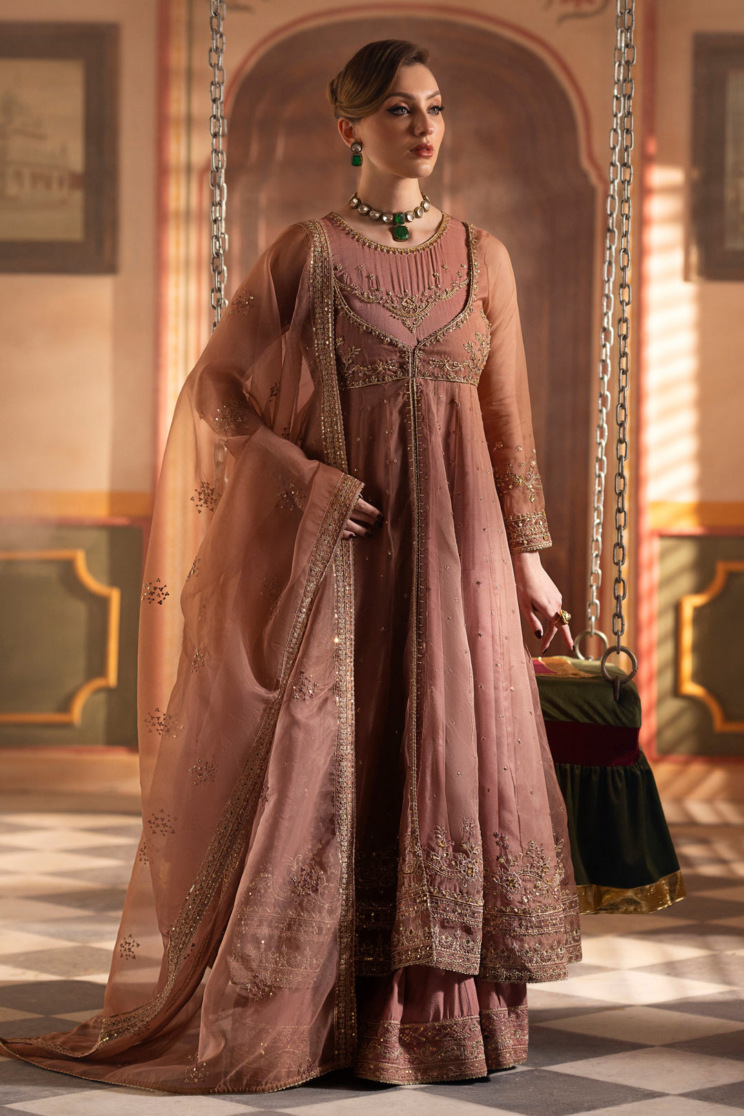 Buy NAQSHI Noor – Tea‑Pink Organza 3PC Ready-to-Wear Dress