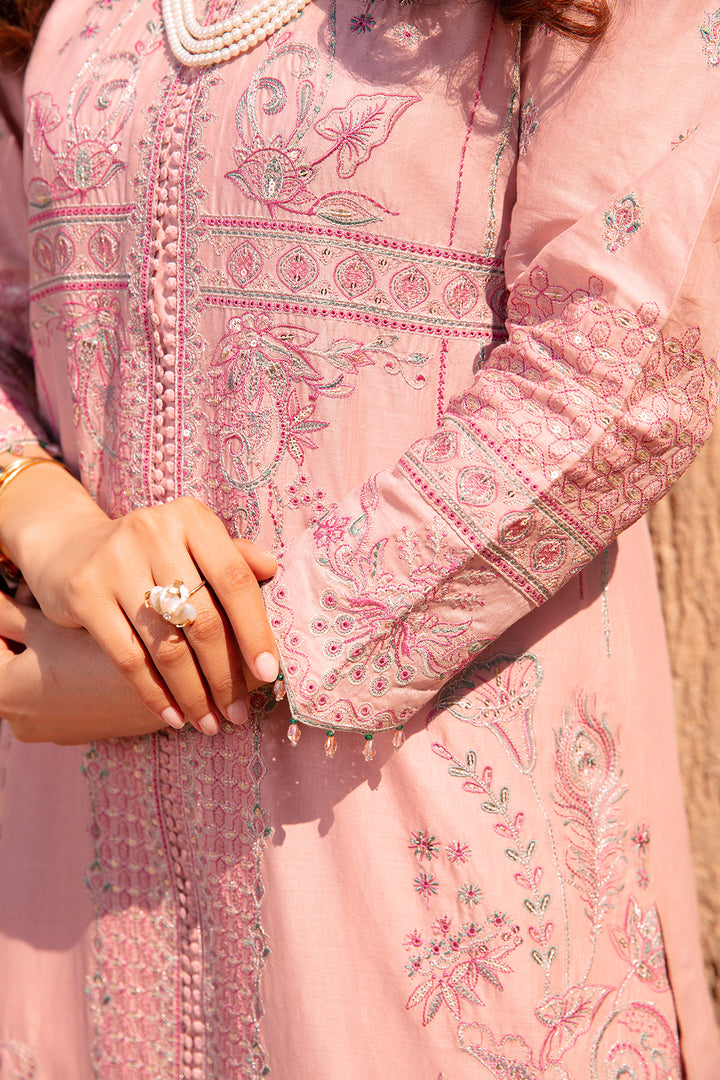 Detailed close up of sleeve embroidery lace cuffs and organza patch on Jazmin tea pink ready to wear 3PC outfit