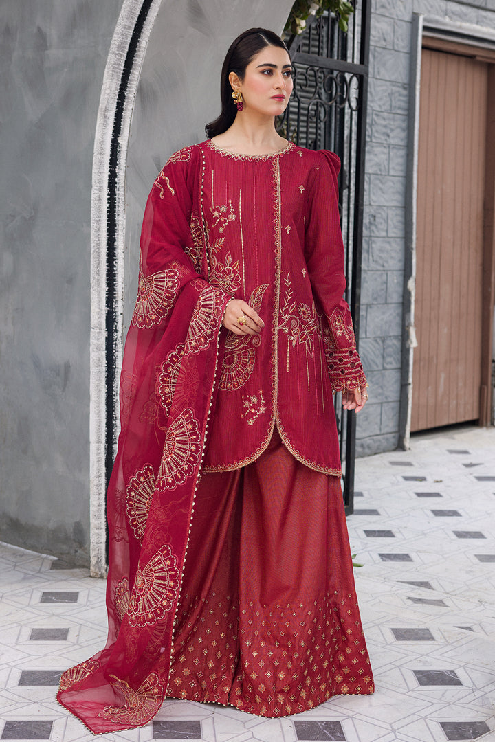 Full view of Gajra red embroidered short shirt and sharara set with flowing organza dupatta