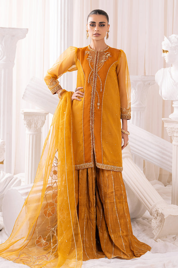 Front view of NAQSHI Sumbul mustard organza shirt highlighting embellished near-neck neckline and princess panel details 
