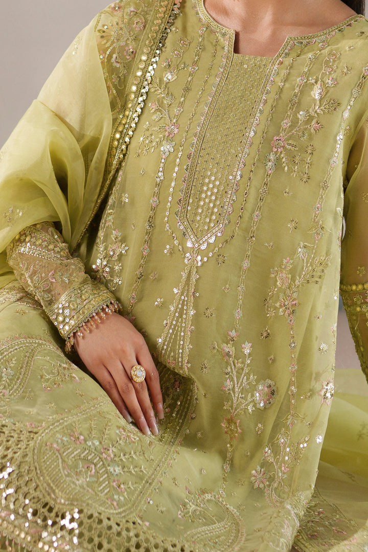 Nibaat by NAQSHI close-up of delicate embroidery and sequin detailing on the shirt’s center panel and borders