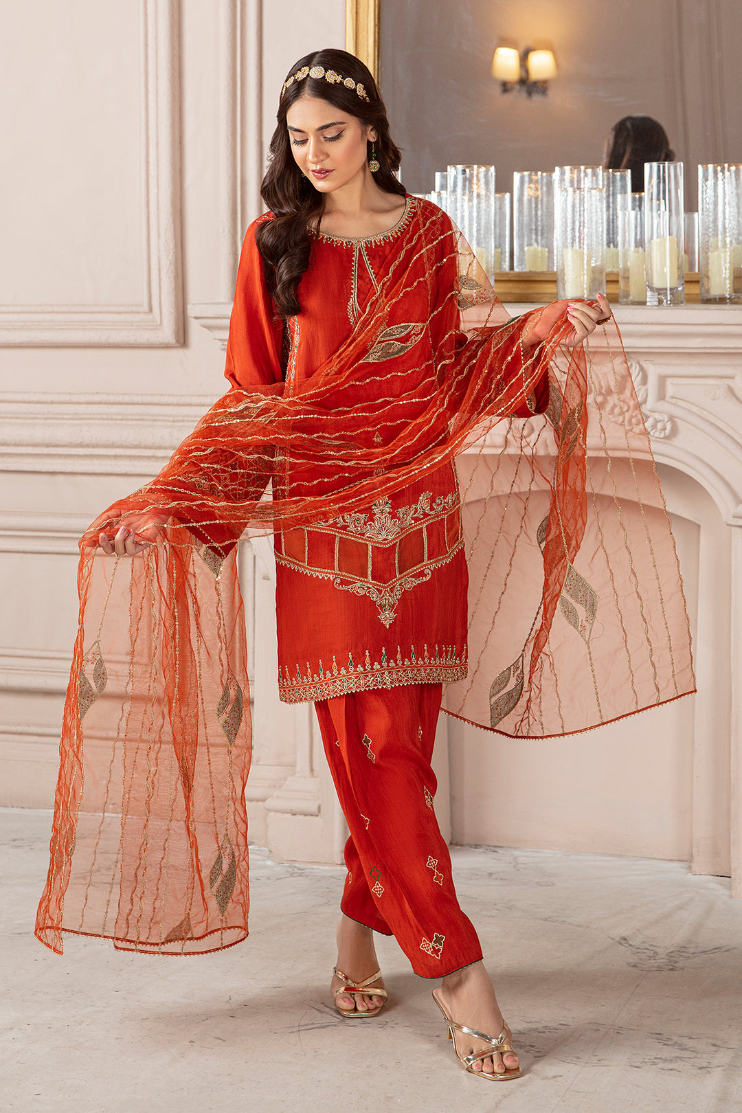 Walking pose of Syara festive outfit highlighting balanced shirt embroidery and neat silhouette, traditional ready to wear attire.