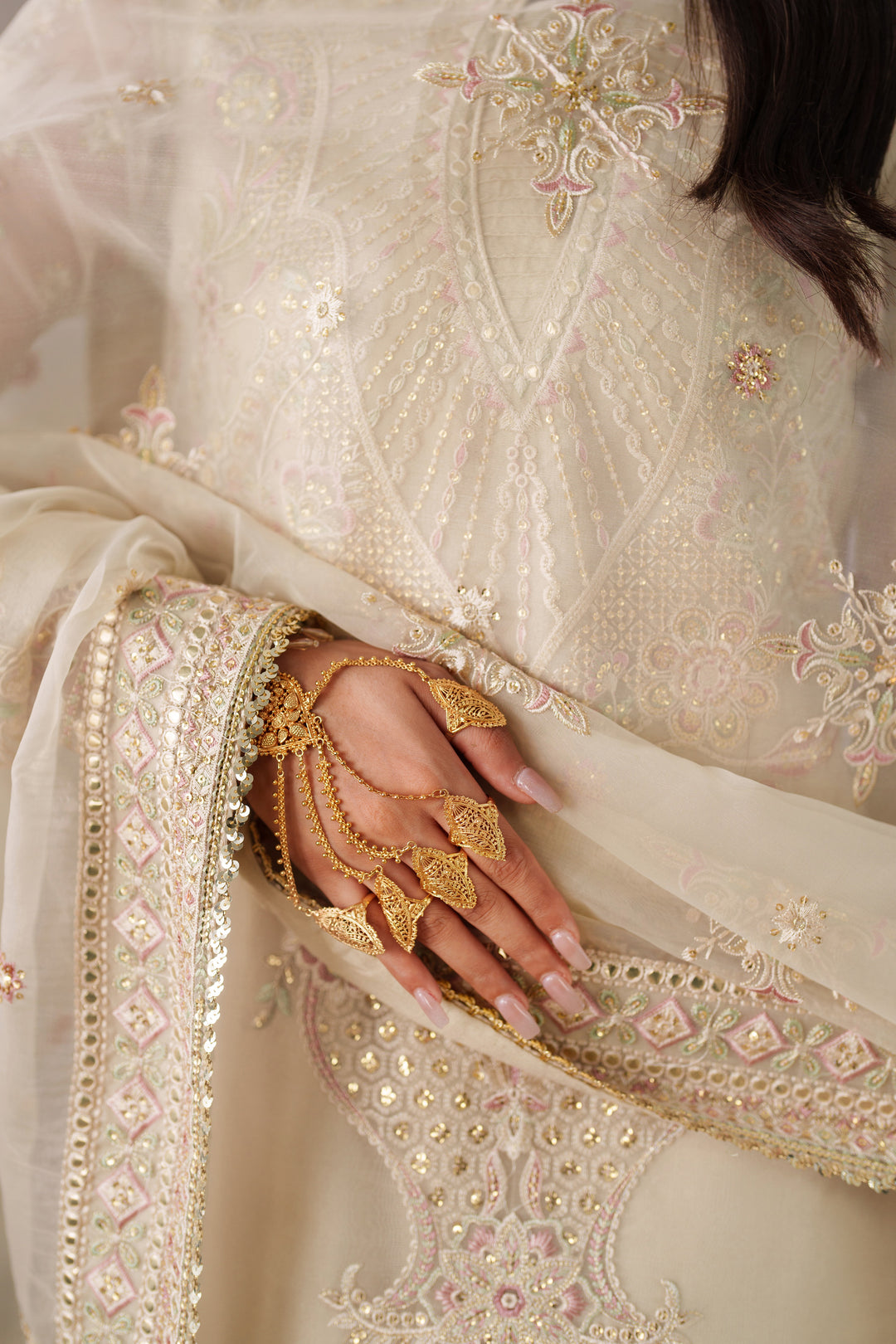 Close up of NAQSHI Seemal cream embroidered dupatta and sleeve detail on formal dress for weddings and party events.