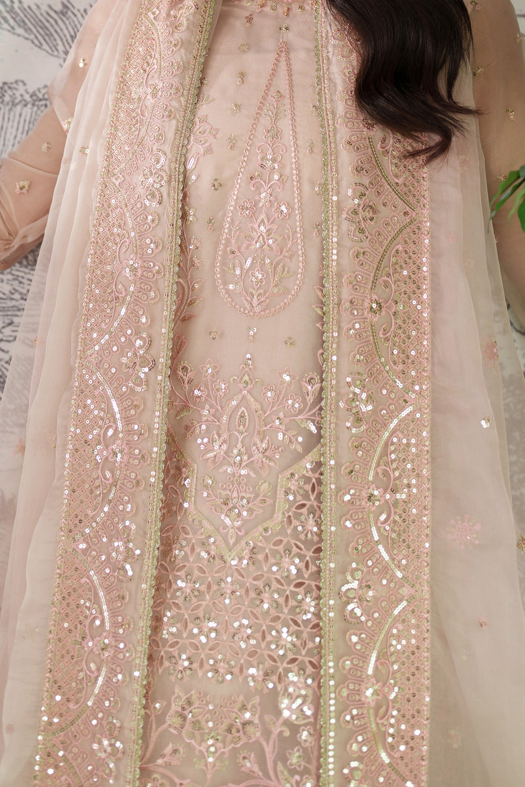 Zri by NAQSHI close-up of front embroidery and sequin detailing on shirt and sharara