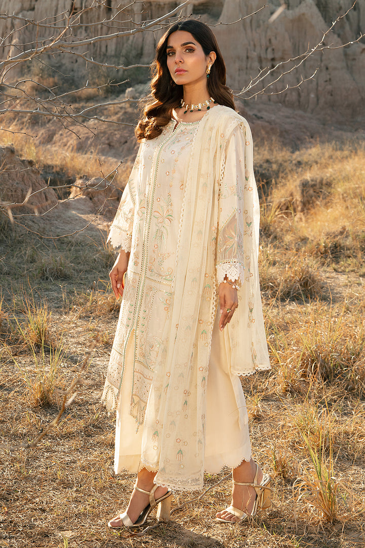 Sleeve and bodice embroidery detail of Meehru off white ready to wear women 3 piece suit