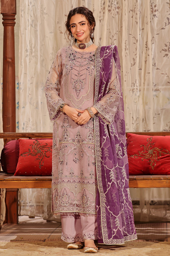 Full front view of NAQSHI Abeer outfit showing straight organza shirt, detailed embroidery, and purple dupatta styling
