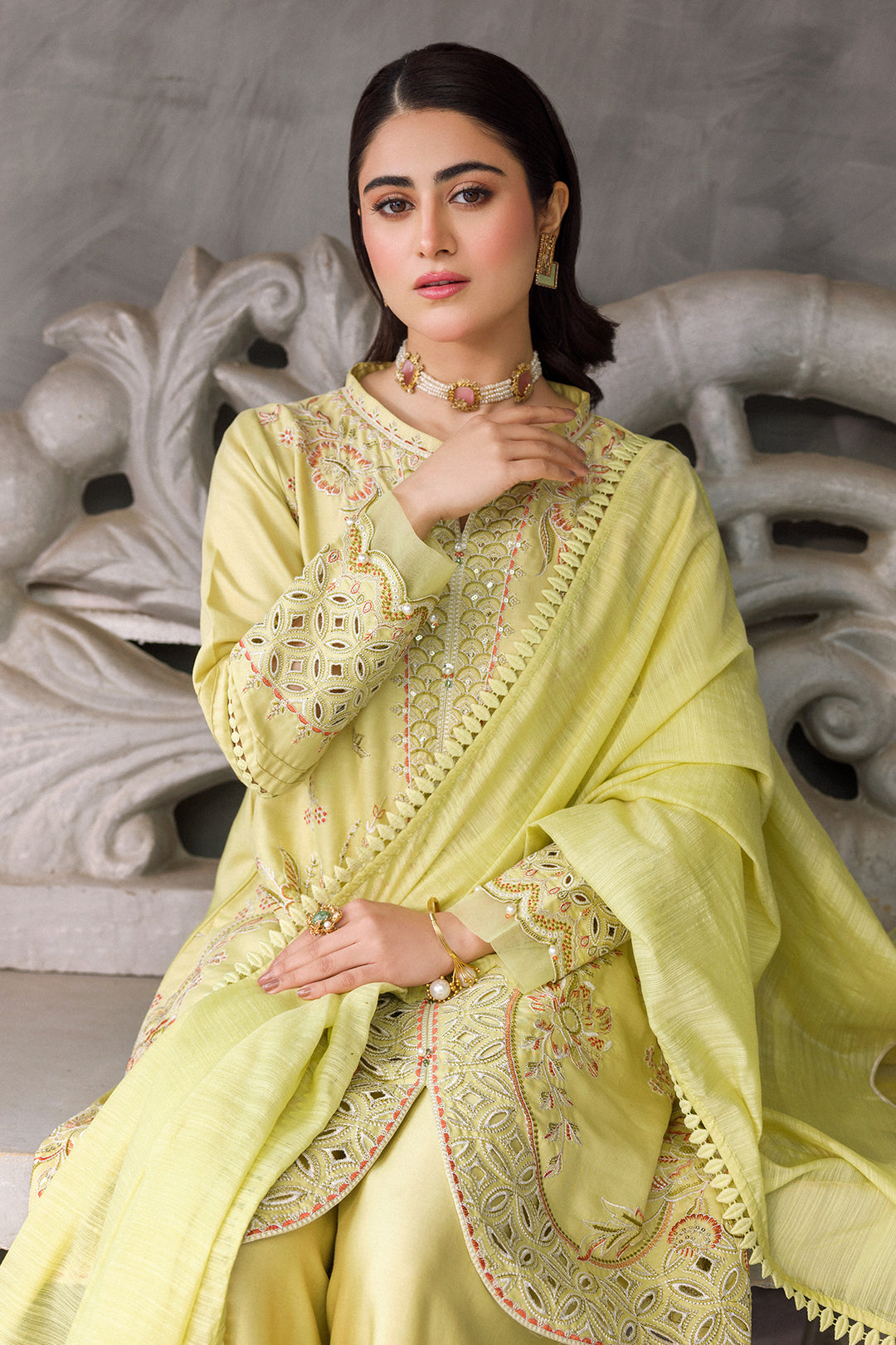 Front close view highlighting Sophie neckline embroidery, handmade buttons and panel work