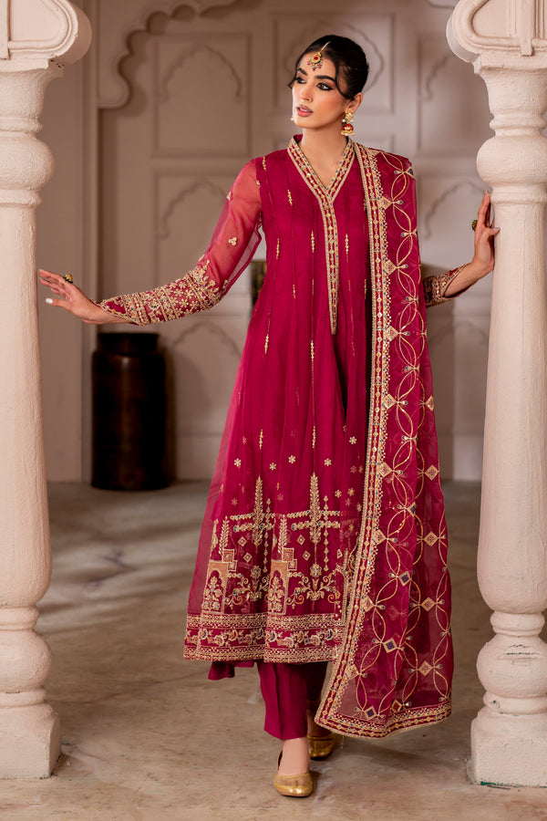 Naqshi Zaafia magenta organza paneled frock with embellished V‑neckline, heavy hand‑adda embroidery, sequin‑work panels and plain straight PK raw‑silk pants.


