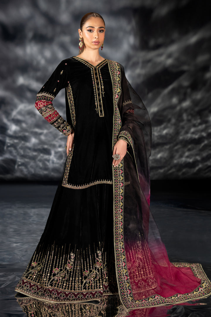 Side angle of NAQSHI Adhan outfit highlighting velvet texture, fitted sleeves, and elegant overall silhouette
