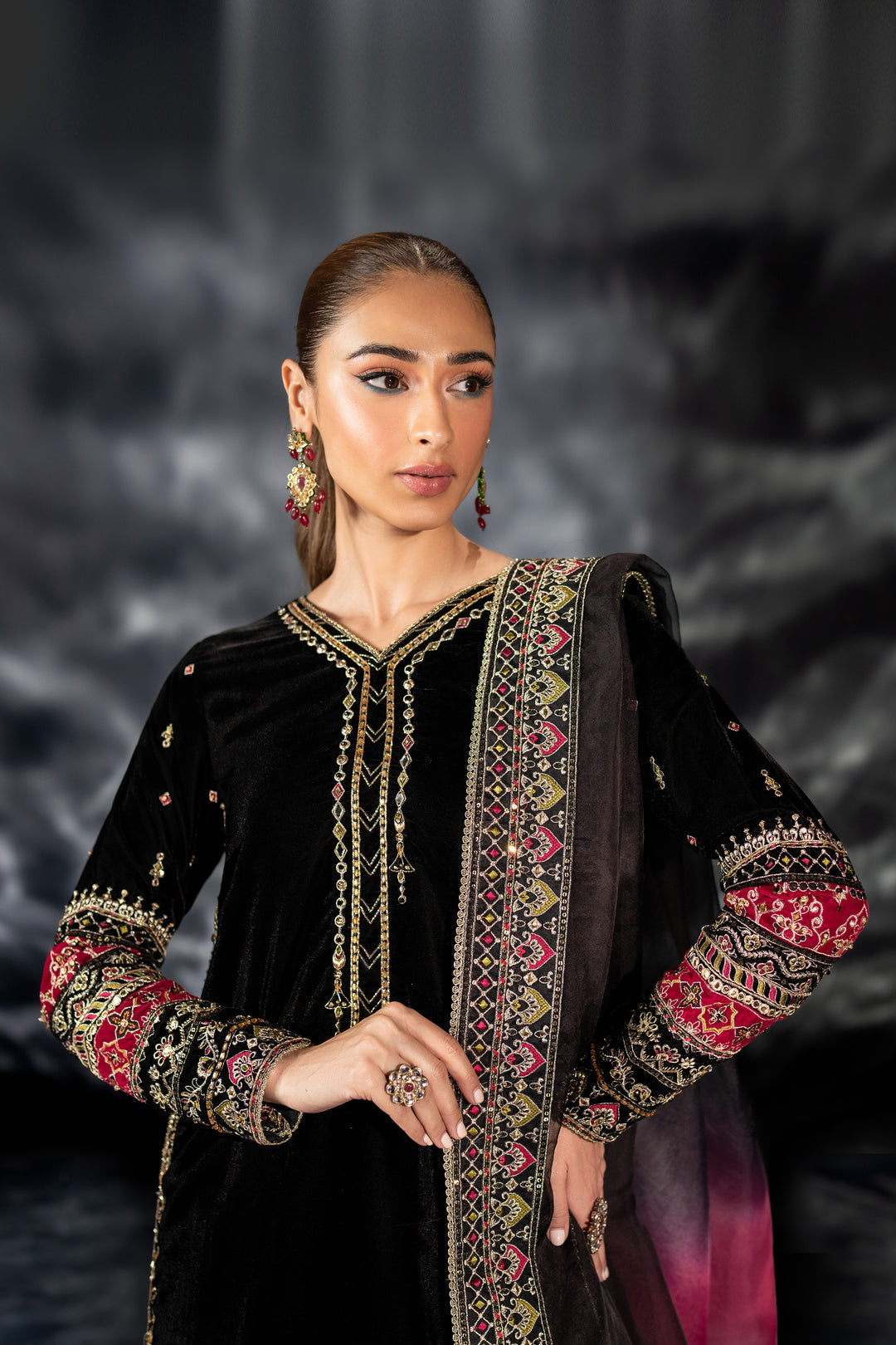 Front styling of NAQSHI Adhan outfit highlighting balanced shirt length, velvet finish, and rich detailing