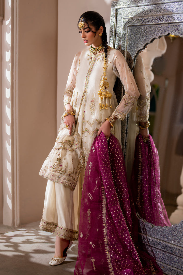 Side back view of NAQSHI Abeeha layered organza frock showing flowing dupatta, front open style, and graceful movement
