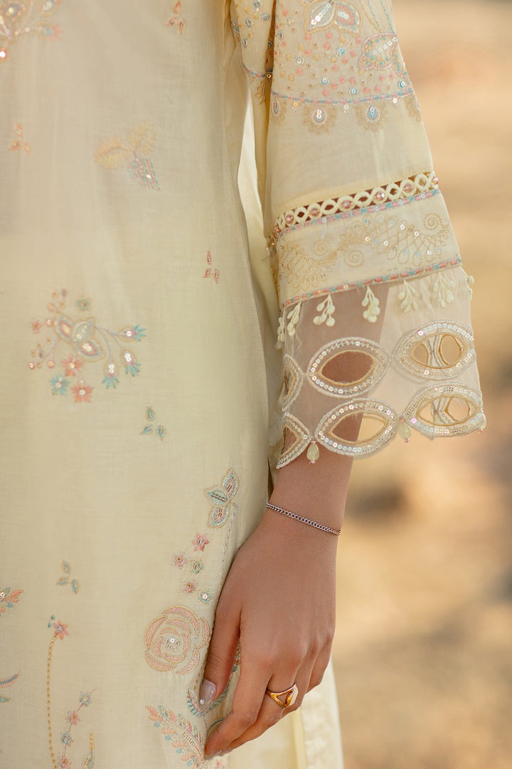 Detailed close up of sleeve embroidery organza boring and hanging lace on Nazakat light yellow ready to wear outfit