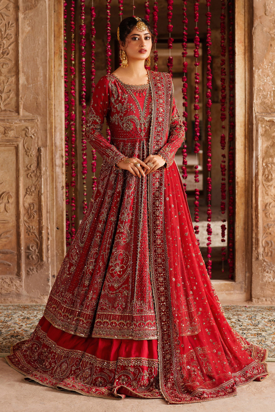 NAQSHI Zeban red bridal lehenga ready-to-wear full bridal set with heavy embroidery and embellished border for weddings and reception events.