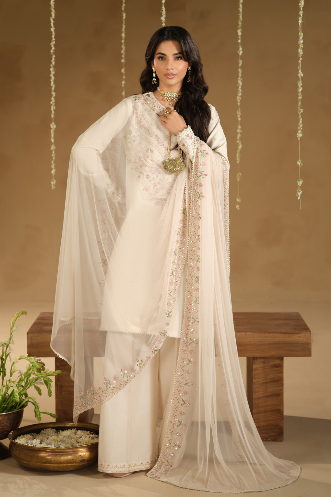Full length look of Rafza ready to wear Eid outfit with airy embroidered net dupatta and modest straight shirt silhouette