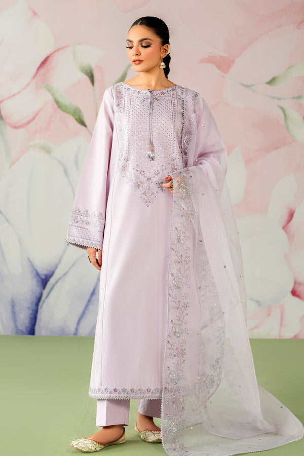 NAQSHI Dipa lavender 3PC ready to wear embroidered pima lawn suit with straight shirt, cambric trousers and organza dupatta for festive gatherings