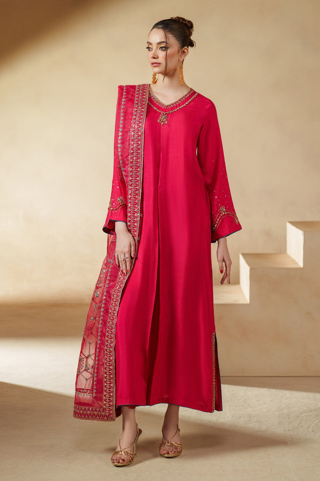 Sophia shocking pink luxury pret 3 piece formal outfit with raw silk shirt and organza dupatta