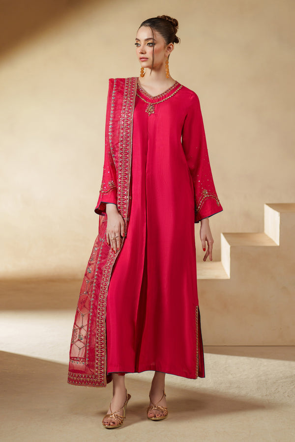 Sophia shocking pink luxury pret 3 piece formal outfit with raw silk shirt and organza dupatta