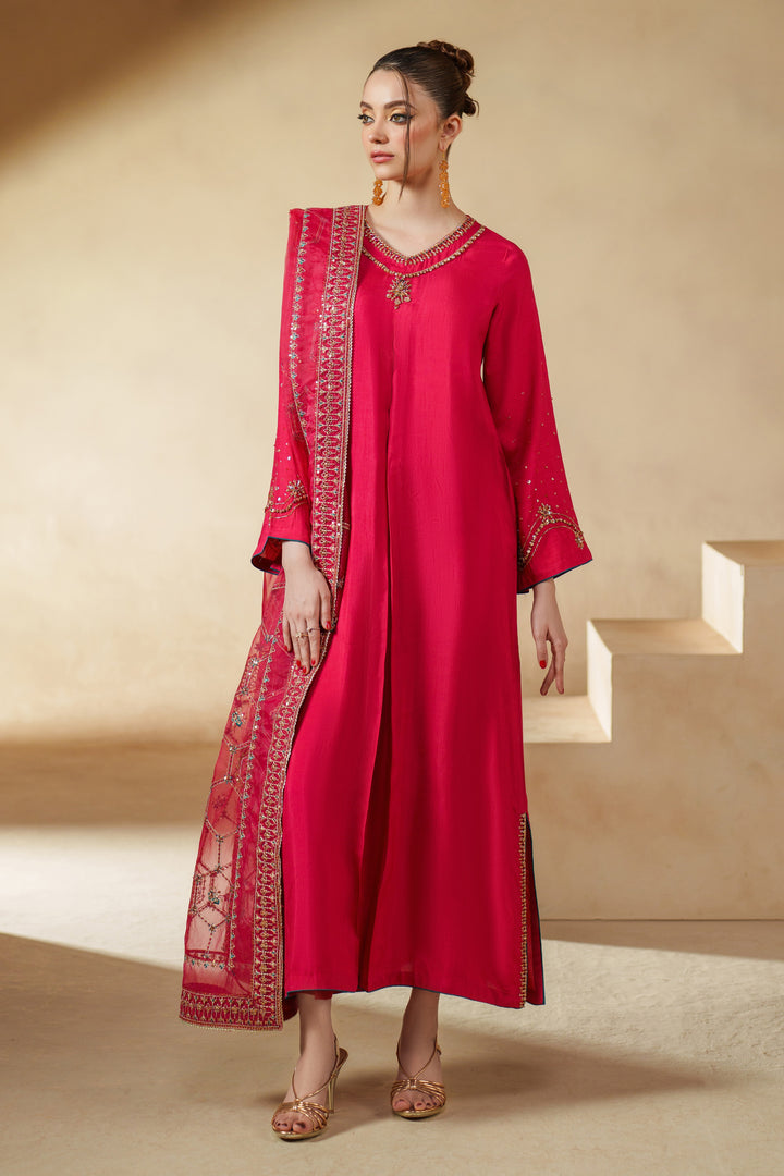 Sophia shocking pink luxury pret 3 piece formal outfit with raw silk shirt and organza dupatta