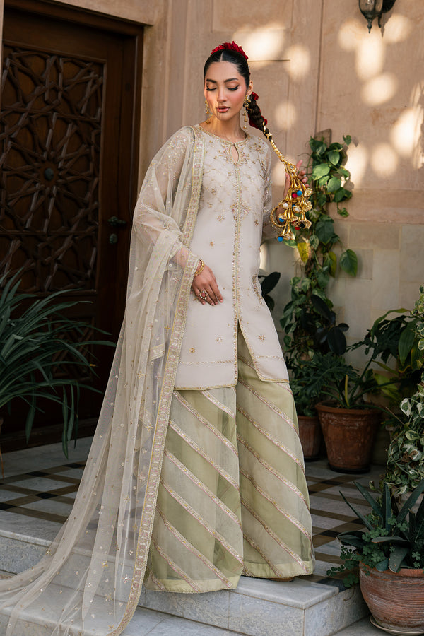 Saaz skin and pistachio organza 3 piece semi formal dress with embroidered shirt, flared trousers and net dupatta from NAQSHI Tabeer collection