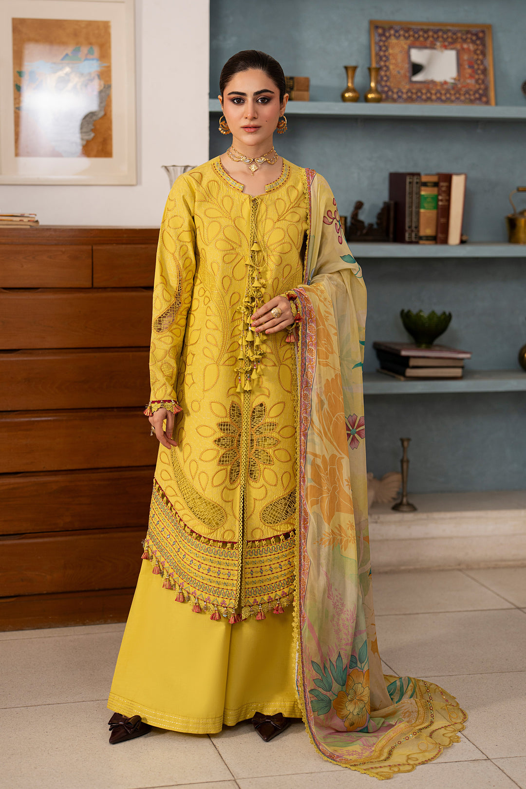 NAQSHI Seraya lemon embroidered lawn 3-piece outfit with flairy cambric culottes and floral tissue silk dupatta from Seran Summer Casual Capsule