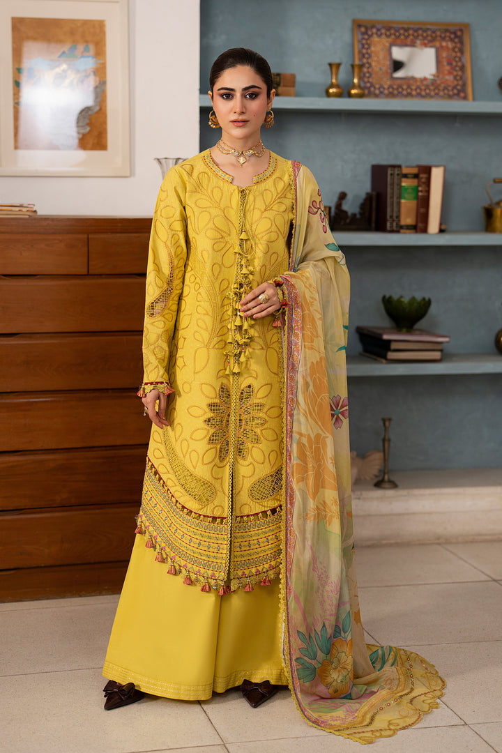 NAQSHI Seraya lemon embroidered lawn 3-piece outfit with flairy cambric culottes and floral tissue silk dupatta from Seran Summer Casual Capsule
