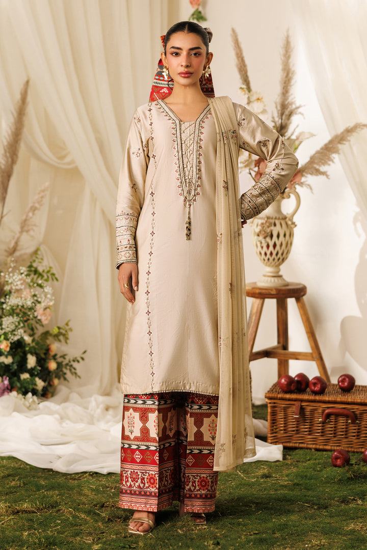 NAQSHI Numa beige ready-to-wear casual outfit with cotton satin straight shirt, printed culotte trousers, and net dupatta