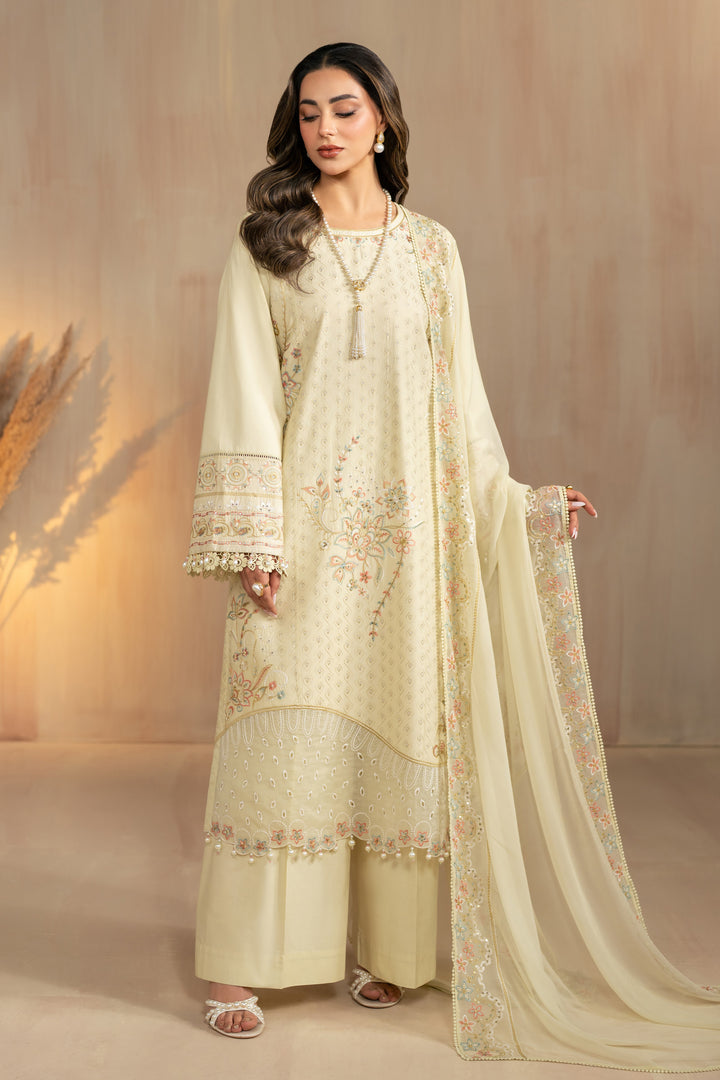 Nerissa light olive embroidered lawn 3 piece suit by NAQSHI, full front view straight shirt with white thread embroidery, cambric culotte trousers and crinkle dupatta, ready to wear summer outfit.