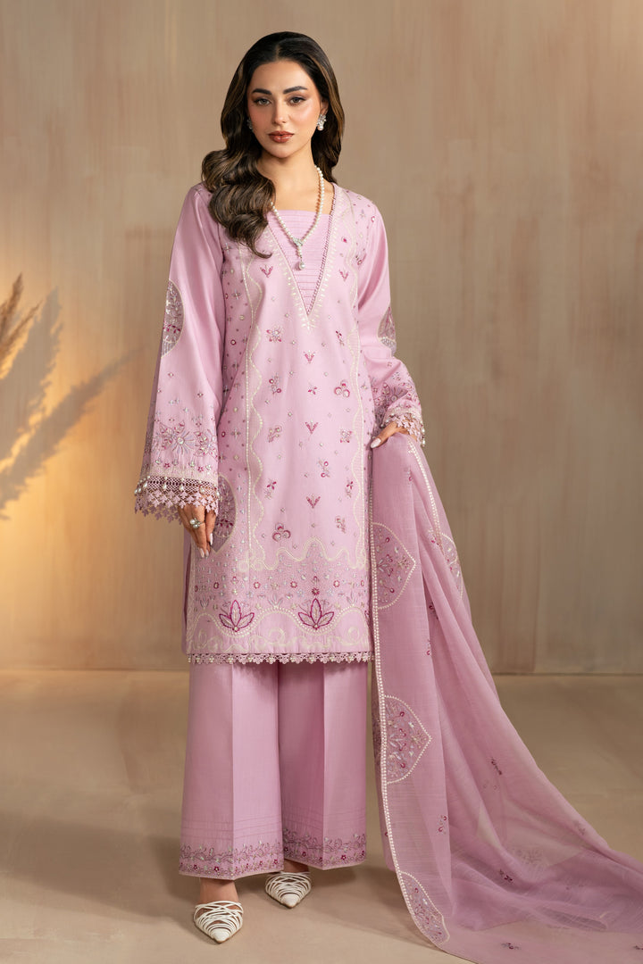 Shayleigh lilac 3 piece embroidered lawn suit by NAQSHI, full front view long shirt with white thread embroidery, cambric culotte trousers and cotton organza dupatta, ready to wear summer outfit.