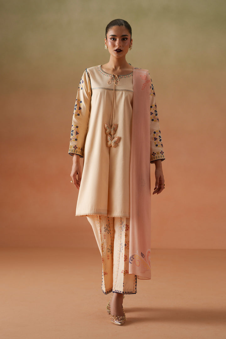 Faye light peach 3-piece ready-to-wear outfit with embroidered lawn shirt, cambric culotte trouser, and printed crinkle chiffon dupatta.