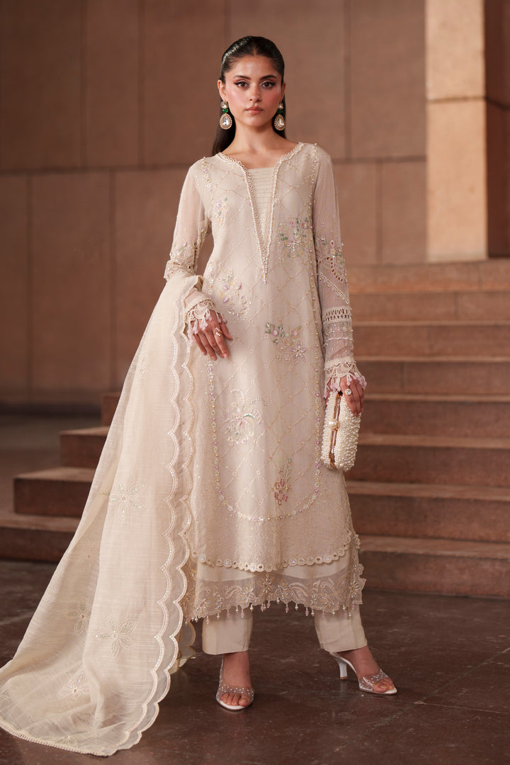 NAQSHI Ingrid off-white embroidered khadi net 3-piece luxury pret outfit with PK raw silk trousers and cotton organza dupatta from Aura collection