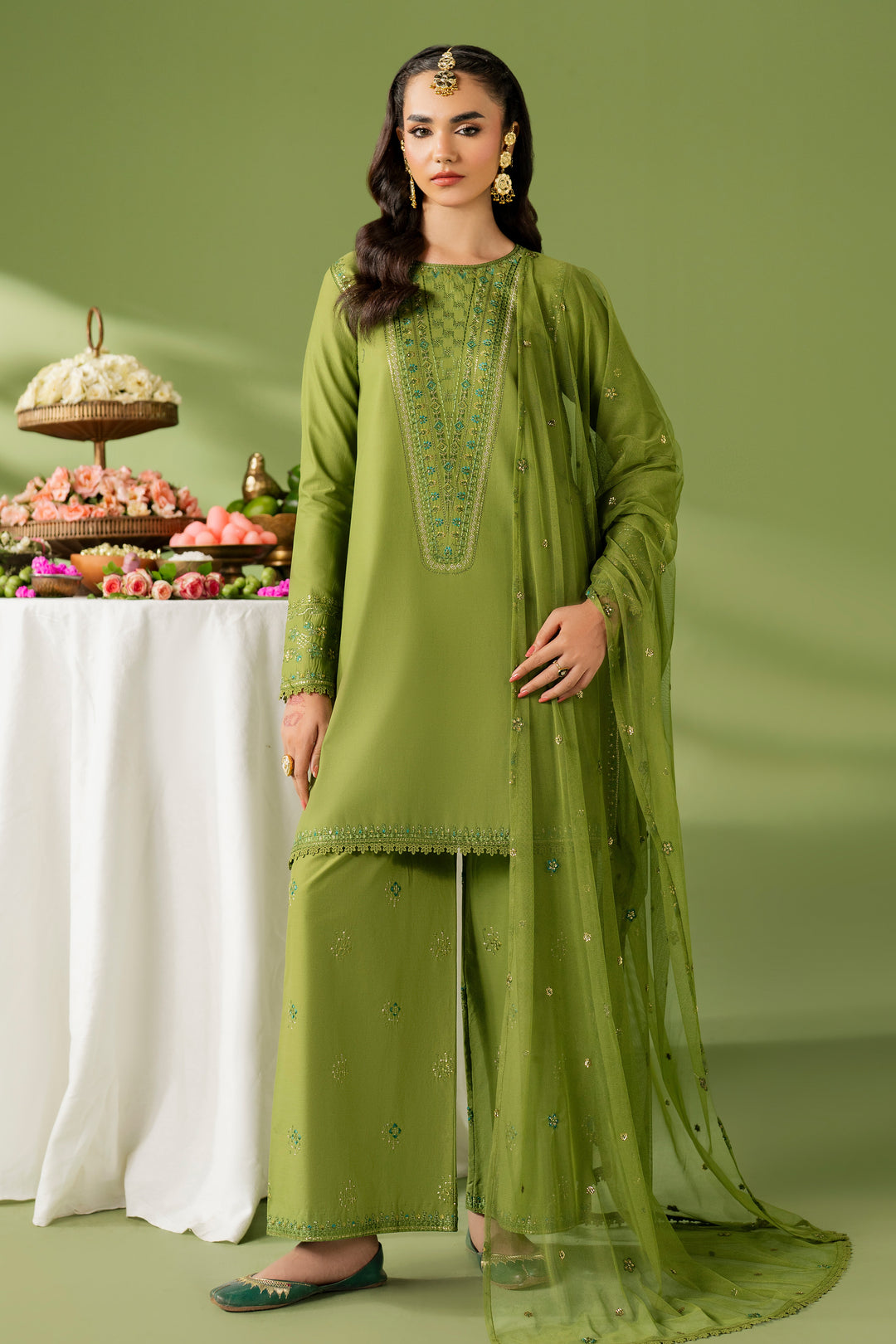 NAQSHI Sana green ready-to-wear outfit with lawn straight shirt, cambric culotte trousers, and net dupatta