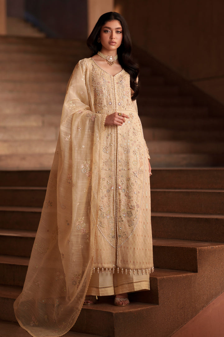 NAQSHI Igor vintage cream embroidered khadi net 3-piece luxury pret outfit with PK raw silk culottes and cotton organza dupatta from Aura collection