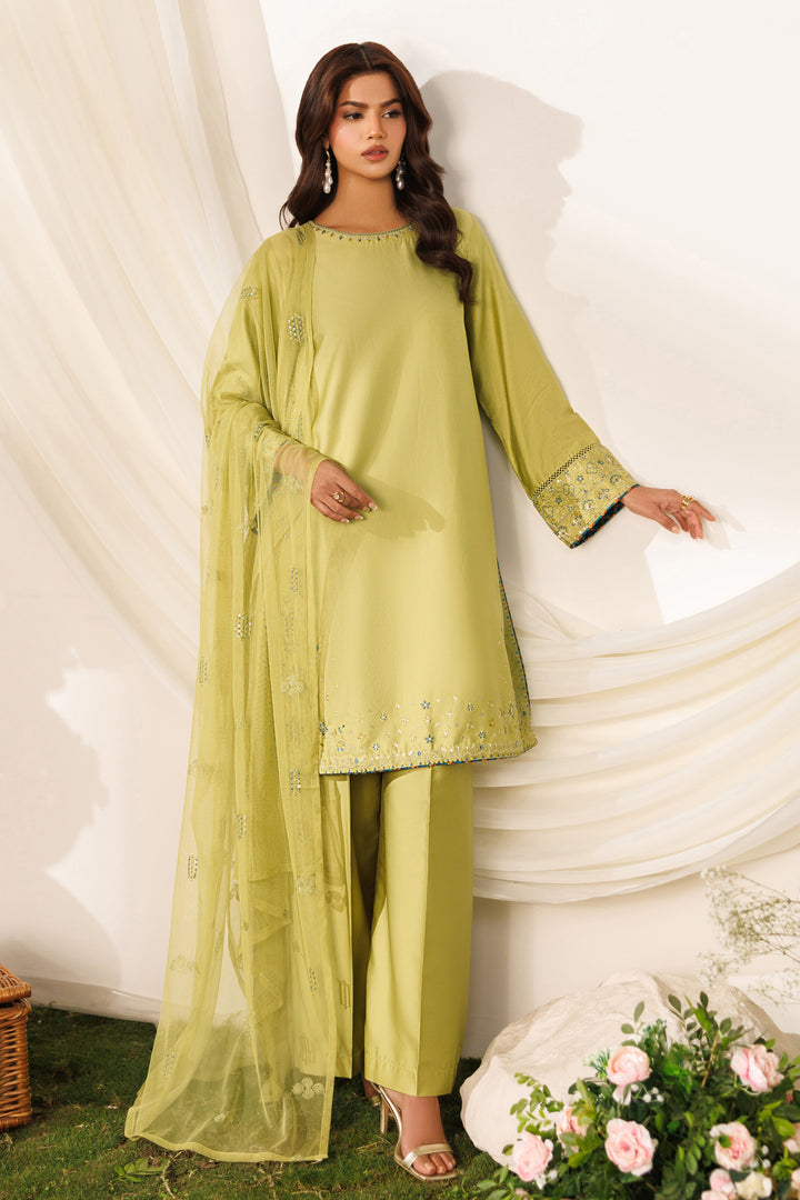 NAQSHI Qiana pistachio ready-to-wear casual outfit with cotton satin shirt, printed culottes, and light net dupatta