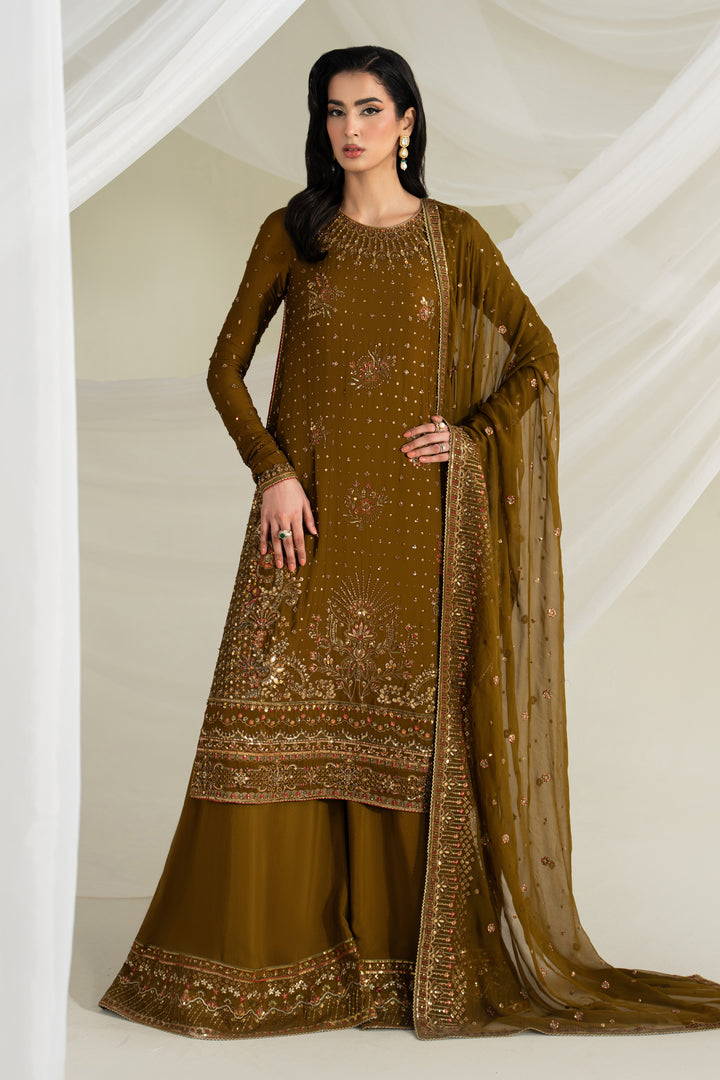 Deep brown embroidered formal 3 piece outfit with long flared shirt, PK raw silk trousers, and bordered dupatta, complete event wear look.