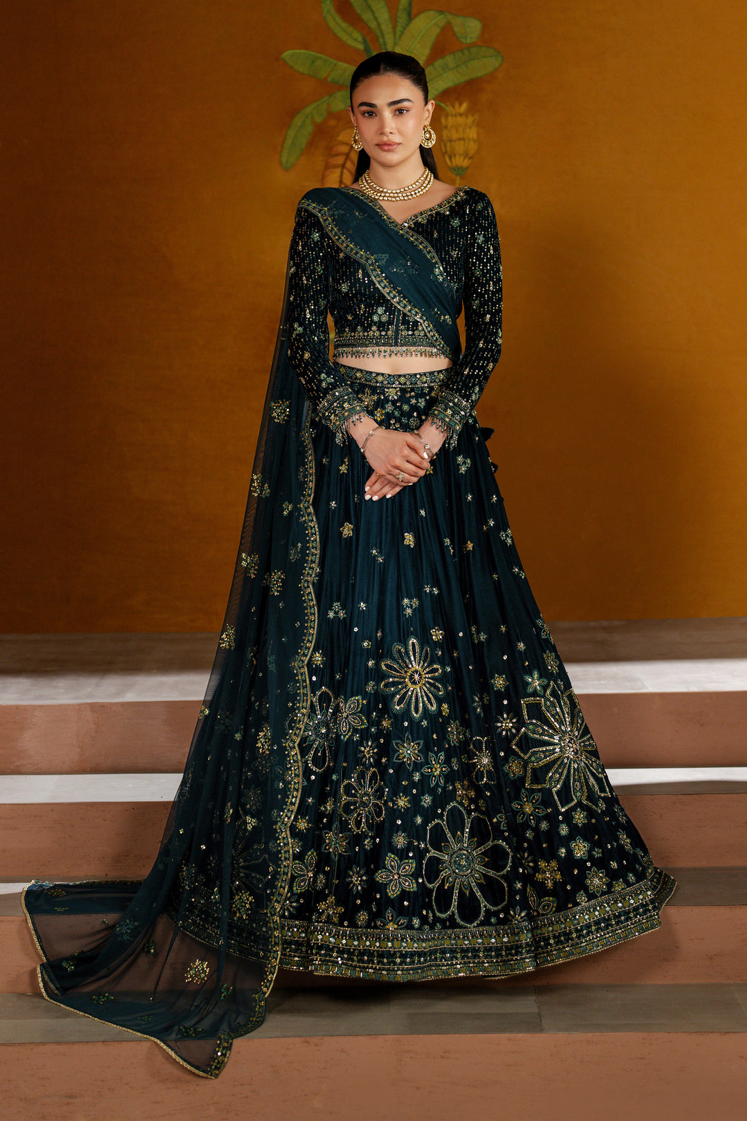 NAQSHI Narmeen zinc velvet 3-piece ready-to-wear embroidered lehenga set with gold floral motifs and scalloped net dupatta for weddings and festivals