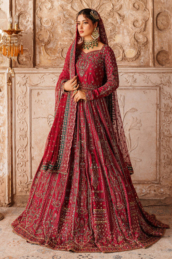 NAQSHI Gul Kand red embroidered bridal lehenga ready-to-wear with full flare skirt and detailed thread work for wedding celebrations and reception events.