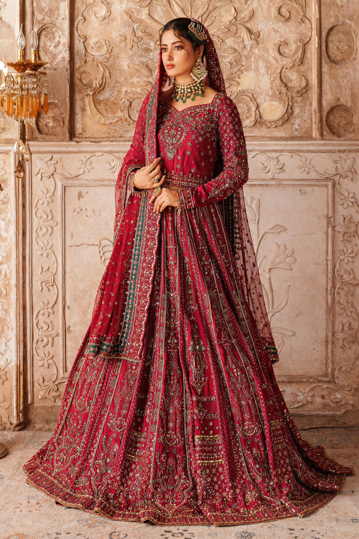 NAQSHI Gul Kand red embroidered bridal lehenga ready-to-wear with full flare skirt and detailed thread work for wedding celebrations and reception events.