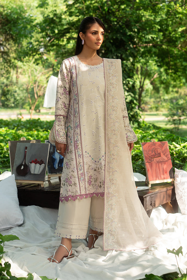 Baseera ivory lawn 3 piece ready to wear outfit with soft embroidery, cambric culotte trouser and cotton organza dupatta for summer daytime events