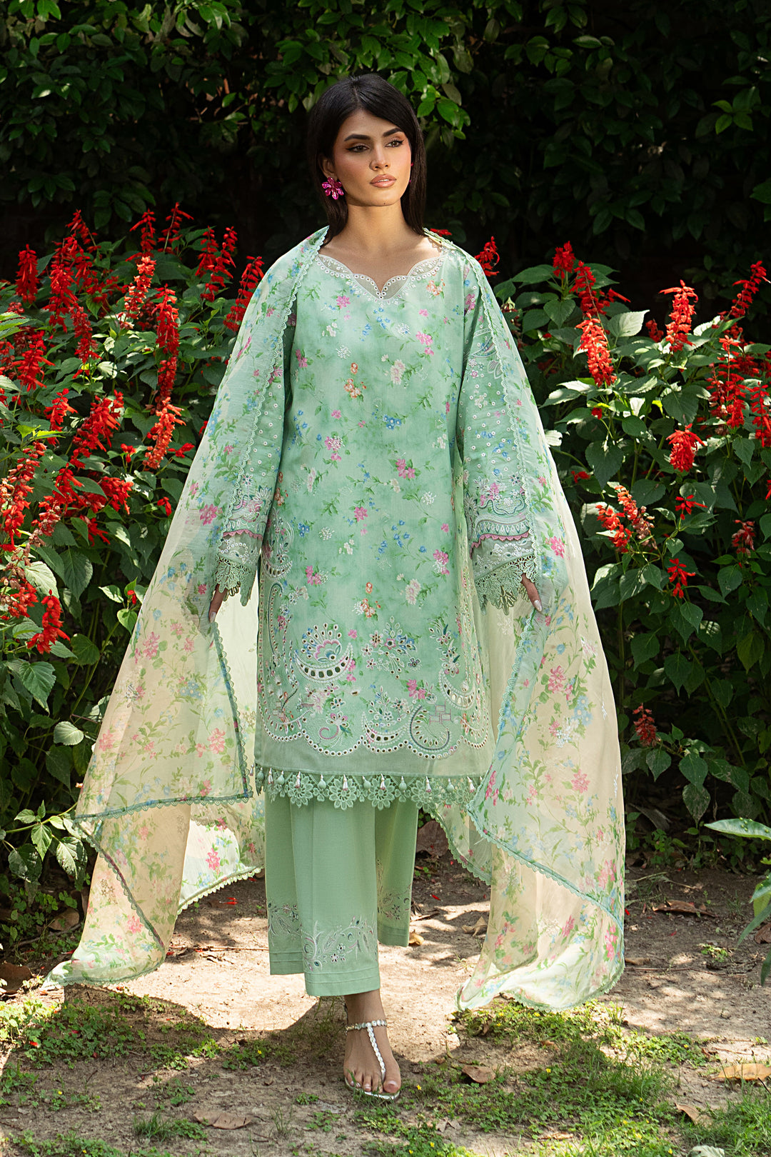 Menesa aqua green lawn 3 piece ready to wear outfit with white thread embroidery, culotte cambric trouser and digital cotton organza dupatta for summer day events