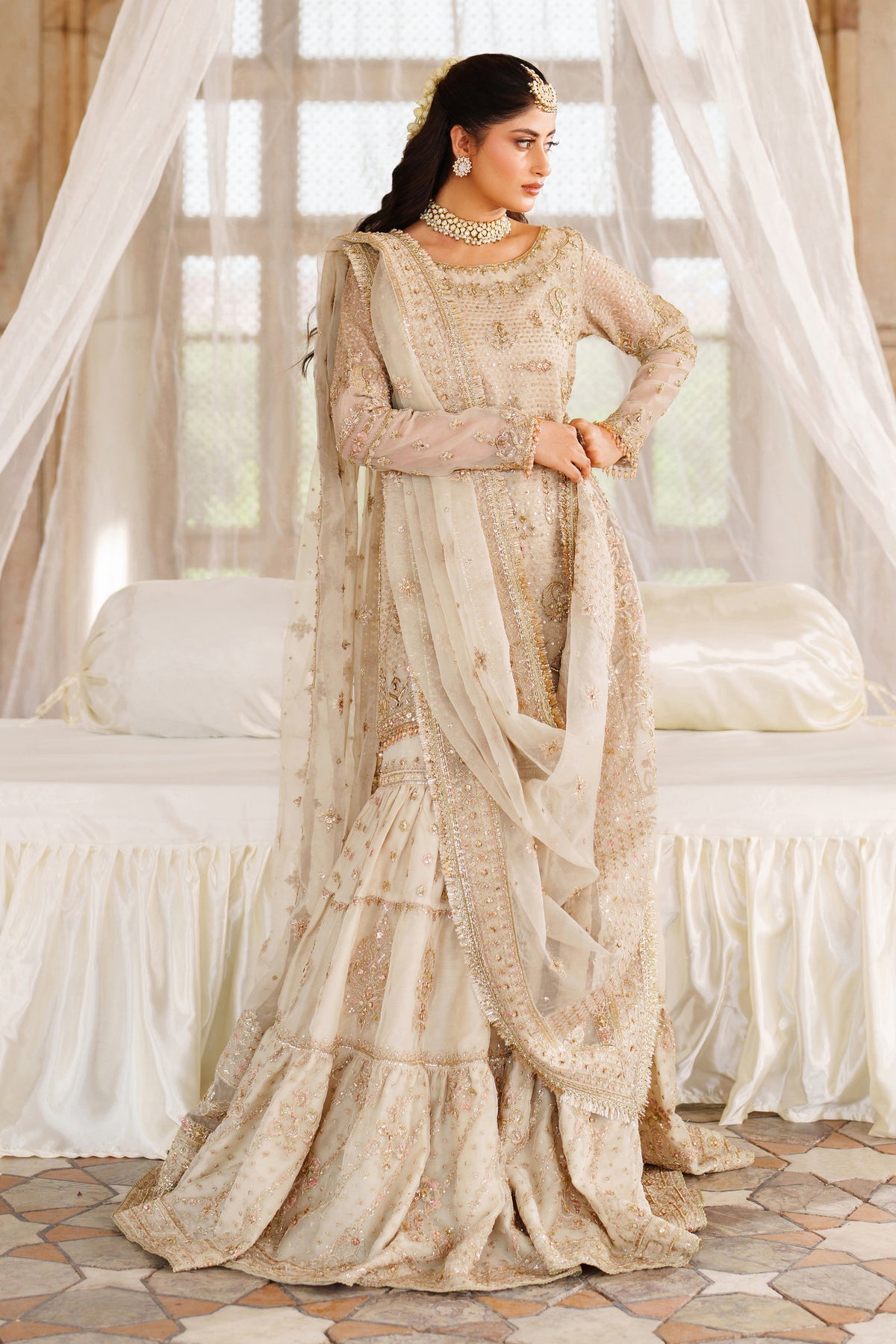 Aneeqa by NAQSHI – Beige Organza Embroidered 4PC Gharara Set