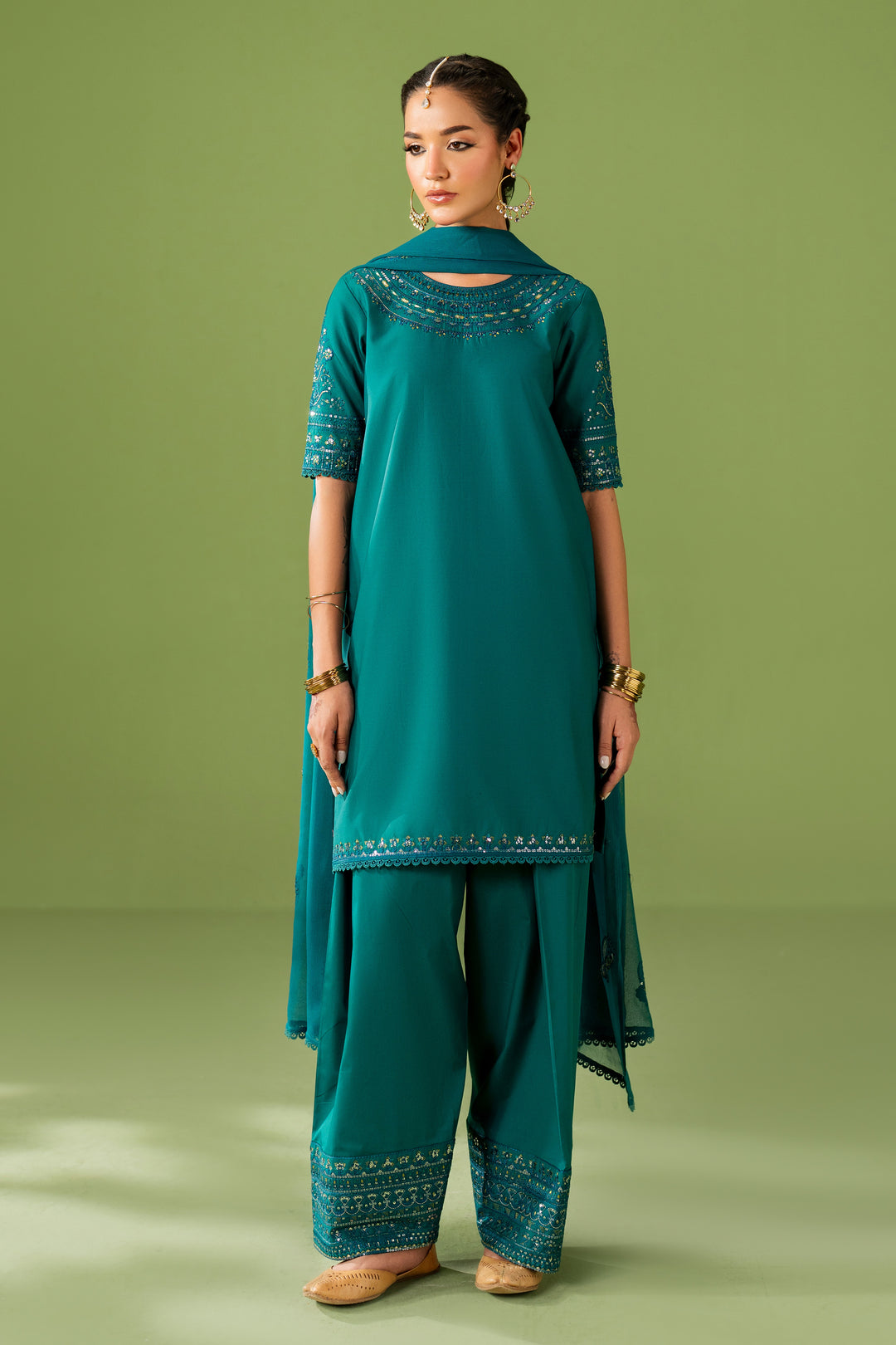 NAQSHI Ruhab zinc green ready-to-wear outfit with lawn straight shirt, cambric trousers, and crinkle dupatta