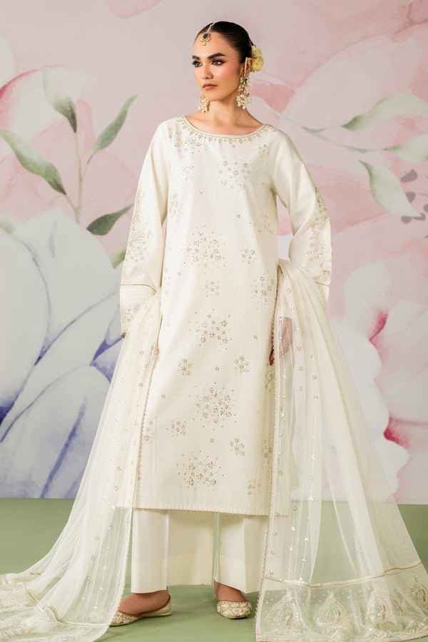NAQSHI Preeti off white 3PC ready to wear embroidered pima lawn suit with straight shirt, cambric culotte trousers and net dupatta for festive occasions