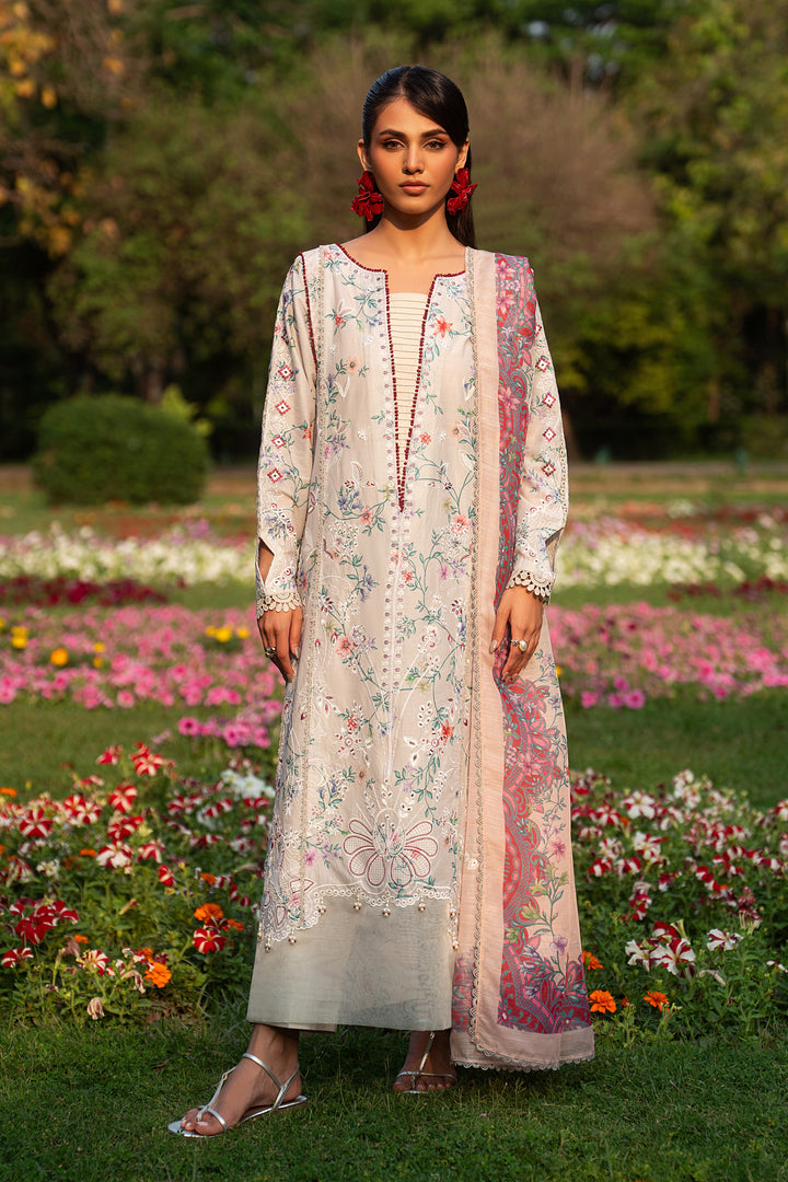 Zimra grey lawn 3 piece ready to wear outfit with floral digital print, white thread embroidery, straight cambric trouser and poly lawn dupatta for summer day events