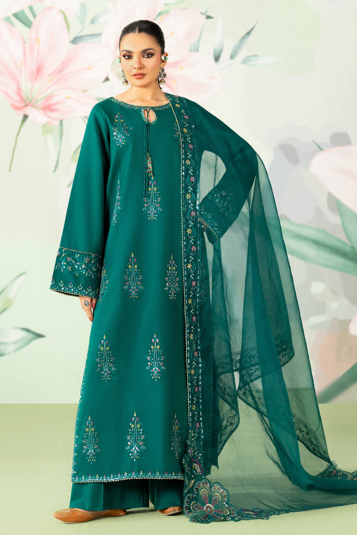 NAQSHI Ankita olive green shirt with pearl-adorned neckline, scalloped lace sleeves, straight trousers and net dupatta