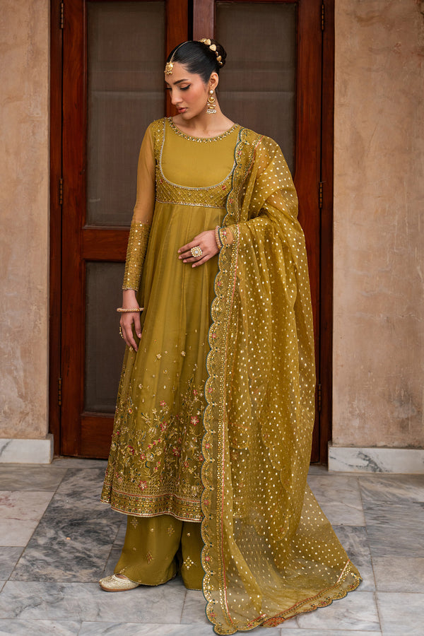 Lehr mustard organza 3 piece semi formal frock with embroidered bodice, flared trousers and zari organza dupatta from NAQSHI Tabeer collection